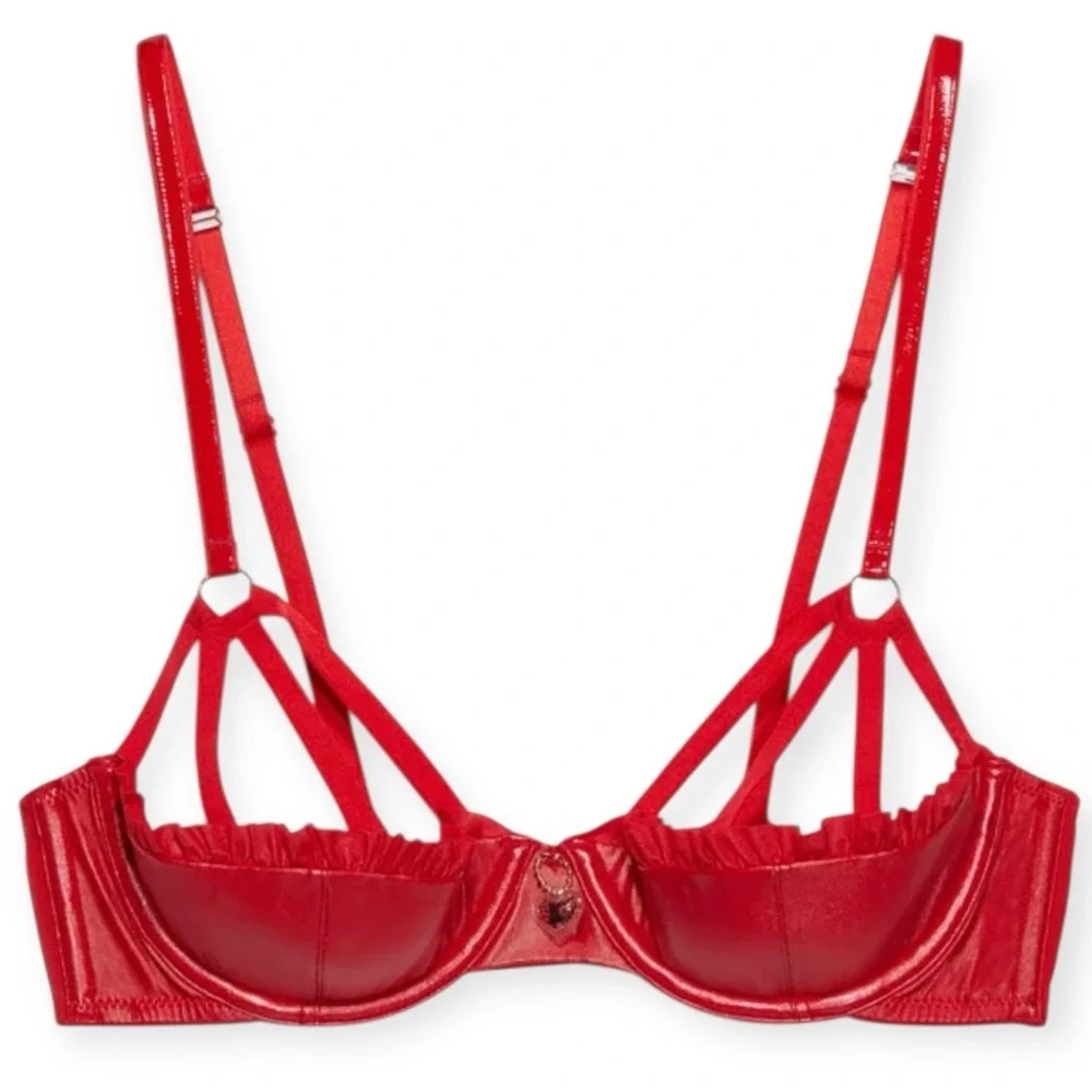Savage X Fenty Red Glossy Flossy Caged Quarter Cup Bra Womens 32C Gogi Berry Red